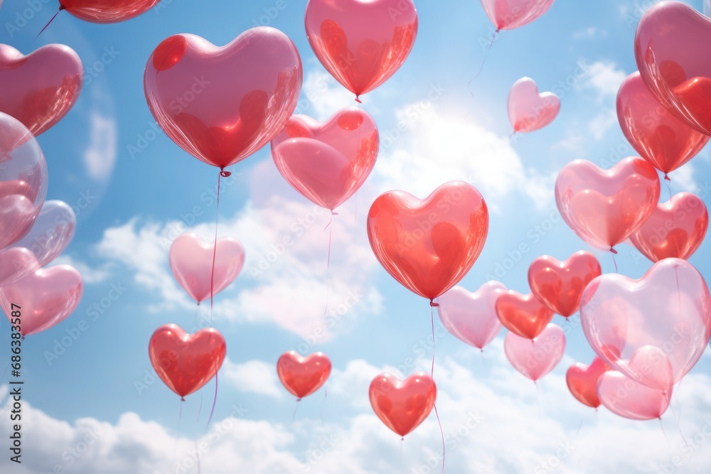 balloons in the shape of hearts flying in blue sky