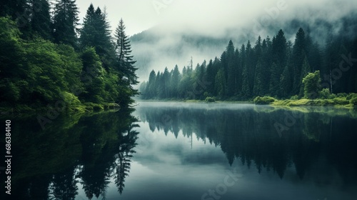 A tranquil lake surrounded by dense forest, with mist rising from the water's surface and reflections of the trees. © CREATER CENTER