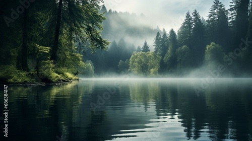A tranquil lake surrounded by dense forest, with mist rising from the water's surface and reflections of the trees.