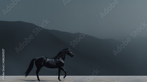 minimalist photography of a black horse  japanese minimalism  copy space  16 9