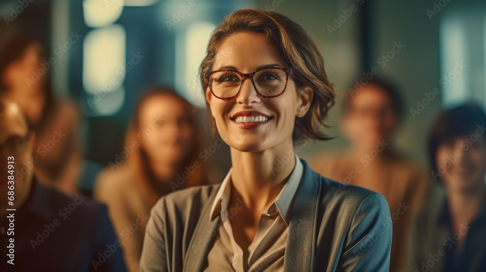 Female entrepreneur confidently leading a team meeting. Businesswoman, women in business Female entrepreneur confidently leading a team meeting. Businesswoman, women in business