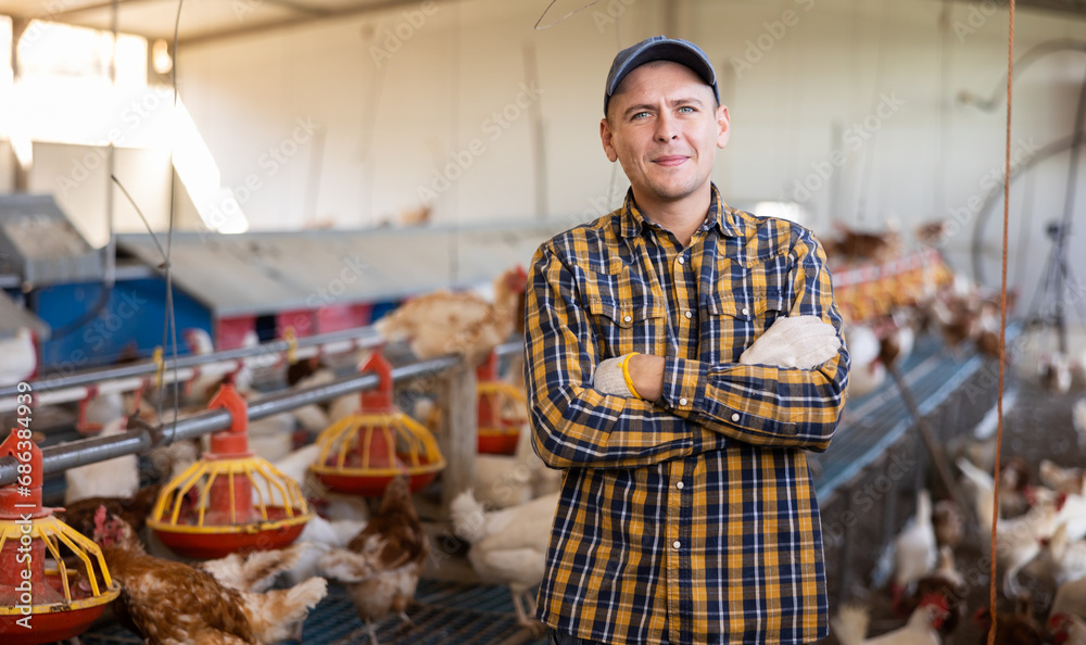 Portrait of confident smiling farmer engaged in breeding of laying hens, standing with arms crossed in henhouse against background of flock of chickens feeding from hanging feeders..