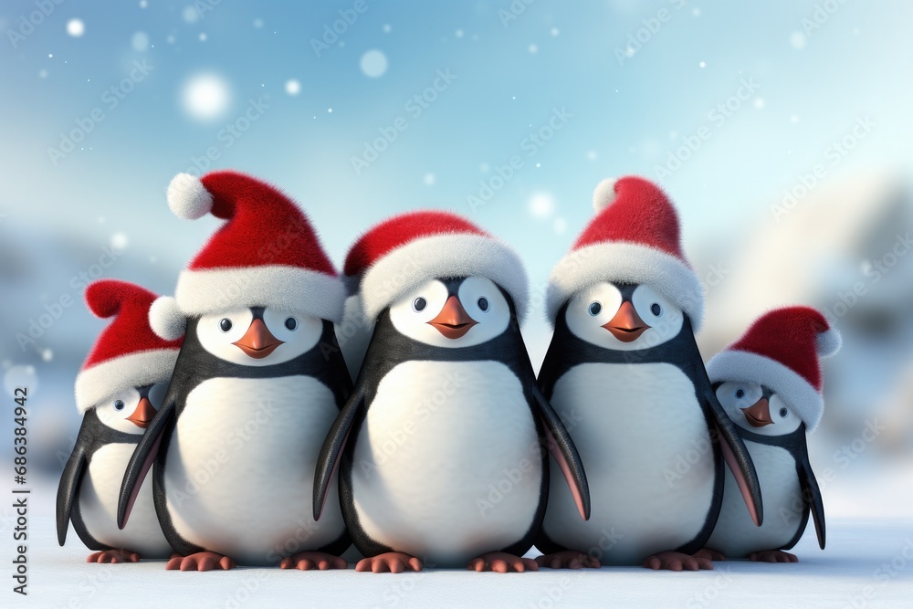 Cute Cartoon Illustration of Penguins wearing Santa Hats on a Snowy Background Cute Cartoon Illustration of Penguins wearing Santa Hats on a Snowy Background