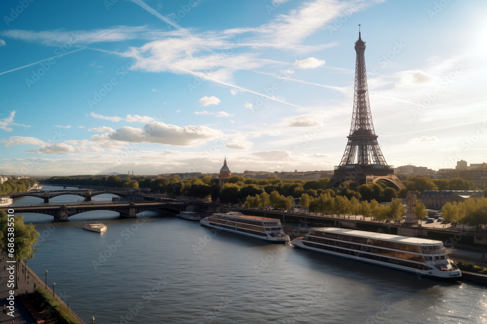 Fototapeta premium The Eiffel Tower in Paris, capital of France. Monument of the city of Paris. Magnificent view of the Eiffel Tower.
