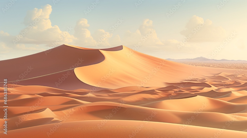 A vast desert landscape with undulating sand dunes stretching to the horizon under a cloudless sky with intense sunlight.