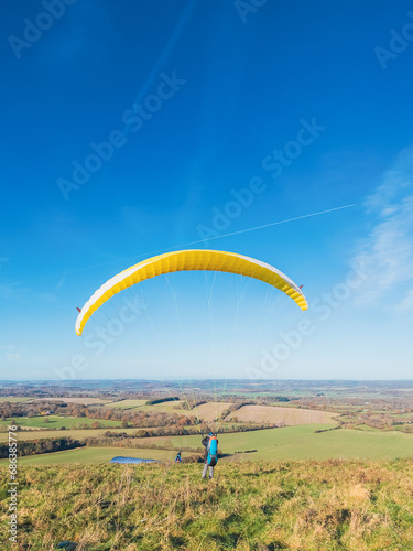 Paragliding group on outdoor, clear day, Autumn, Berkshire England, UK