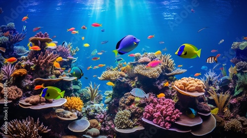 A vibrant aquarium filled with tropical fish swimming among coral reefs.