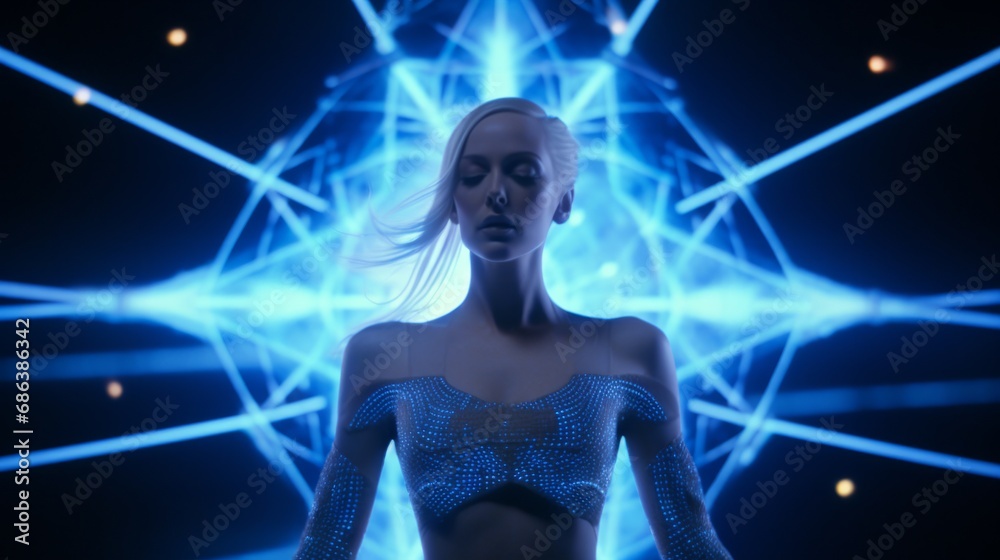 A woman wearing a futuristic outfit with blue lights illuminating her attire. A woman wearing a futuristic outfit with blue lights illuminating her attire.