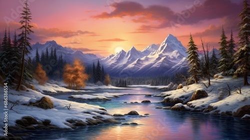A vibrant sunset over a mountain range  casting warm hues on snow-capped peaks and painting the sky in breathtaking colors.