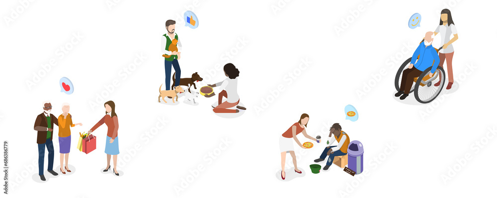 3D Isometric Flat  Illustration of Social Help, Nursing and Voluteering