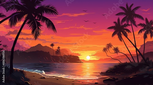 A vibrant sunset over a tropical beach  with palm trees silhouetted against the orange and pink hues of the evening sky.