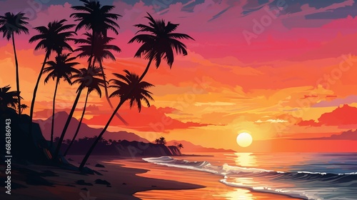 A vibrant sunset over a tropical beach, with palm trees silhouetted against the orange and pink hues of the evening sky. © CREATER CENTER