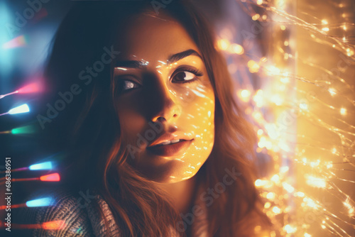 A woman's face illuminated by the warm glow of Christmas lights, with colorful bokeh creating a magical and festive atmosphere.
