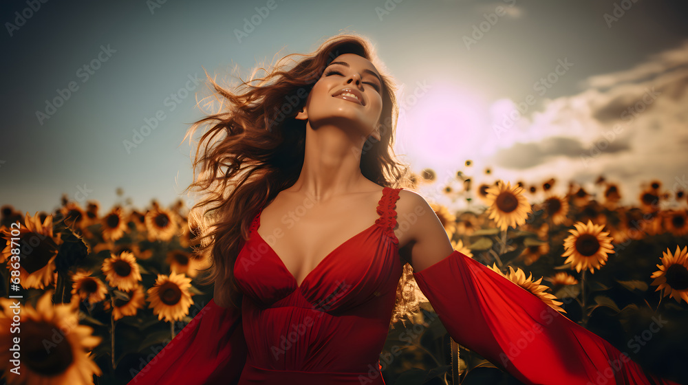 Naklejka premium Beautiful women in long dress walking through the field of sunflowers, summer or spring beauty concept. 