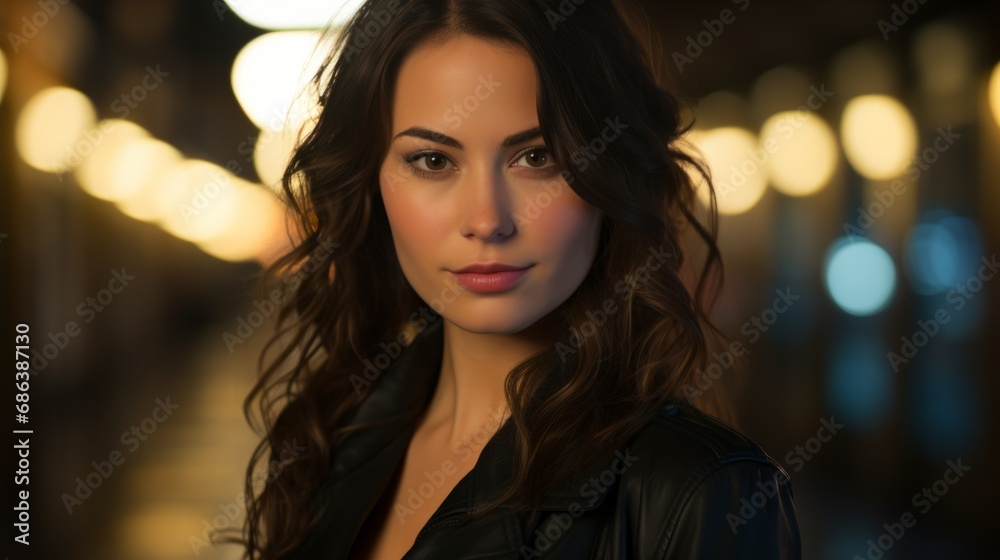 A stylish woman in a leather jacket stands confidently on a dimly lit street, exuding a mysterious and attractive aura. A stylish woman in a leather jacket stands confidently on a dimly lit street, exuding a mysterious and attractive aura.