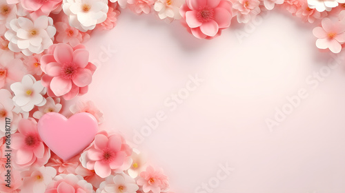 Pink flowers and heart shape on pastel background, valentine's day or holiday concept