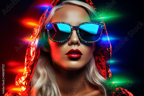 A woman with platinum blonde hair wearing sparkling sunglasses, lit by vibrant multicolored neon lights reflecting a dynamic, energetic vibe.