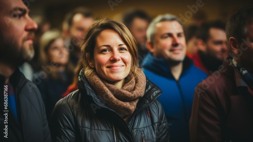 A woman smiling confidently while standing in front of the crowd. © OKAN