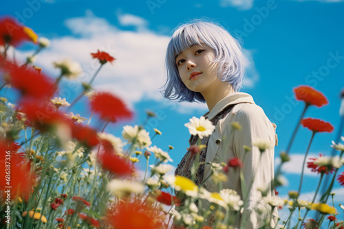 A person with pastel blue hair gazes serenely in a field of vibrant red poppies and white daisies under a clear blue sky.