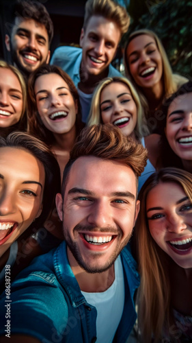 Group of happy young adults posing together for a selfie young smiling croud of people summer self portrait of attractive friends on holiday