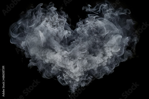 Smoke artfully shaped like a heart against a black background, symbolizing a blend of love and mystery. photo