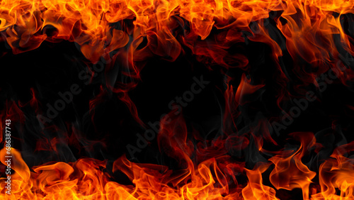 Freeze motion of fire flames isolated on black background