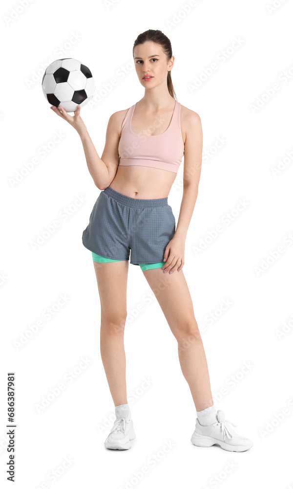 Sporty young woman with soccer ball on white background Sporty young woman with soccer ball on white background