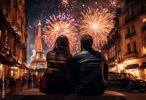 A couple in love watching fireworks in the sky on New Year's Eve in Paris, view from the back