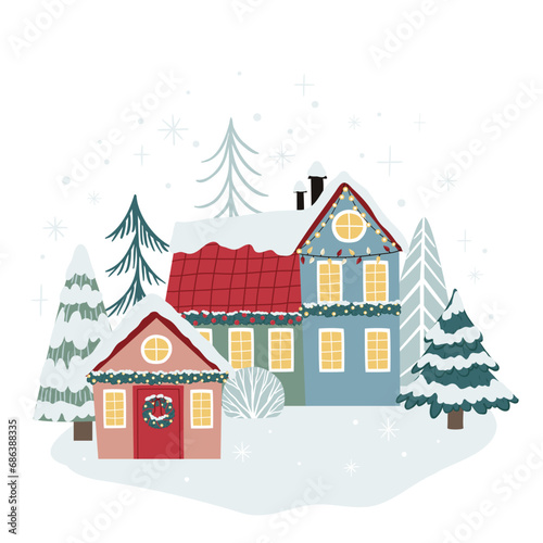Vector Christmas illustration with cute houses on a winter landscape background. Can be used to print on fabric, paper, cards, posters and more. © Evgeniia
