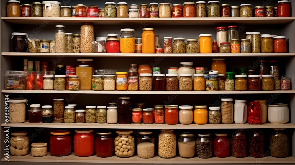 A well-organized pantry with shelves filled with canned goods and dry ingredients. - obrazy, fototapety, plakaty 
