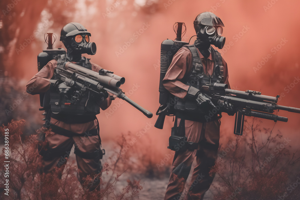 Soldiers in gas masks in the forest. Post-apocalyptic concept. Neural network AI generated art