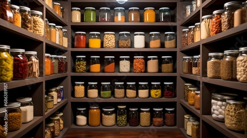 A well-organized pantry with shelves filled with canned goods and dry ingredients.
