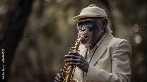 Chimpanzee in a suit with a saxophone . Chimpanzee playing the saxophone in the park  close-up. Chimp. Chimpanzee. Evolution Concept