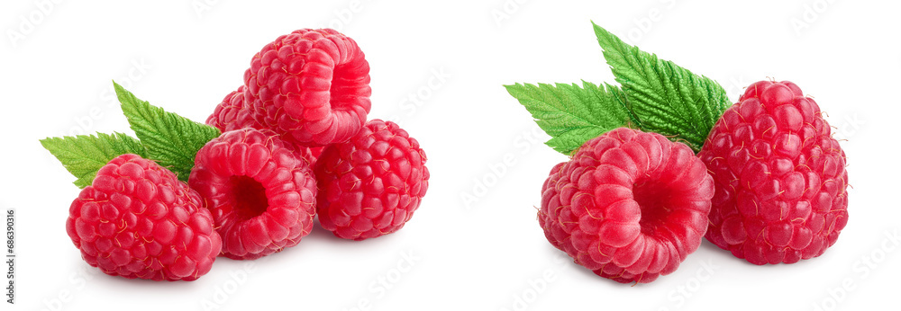 Ripe raspberries with leaf isolated on a white background Ripe raspberries with leaf isolated on a white background