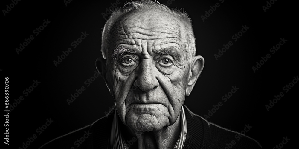 Classic black and white studio portrait of an elderly man with deep wrinkles, reflective gaze