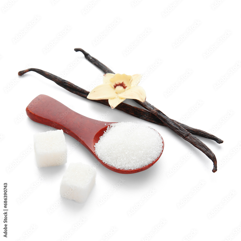 Spoon with aromatic vanilla sugar, flower and sticks on white background Spoon with aromatic vanilla sugar, flower and sticks on white background
