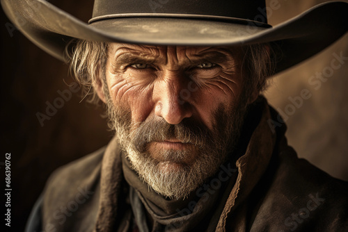 Cowboy portrait in sepia tone, rugged features, wide-brimmed hat, dusty backdrop