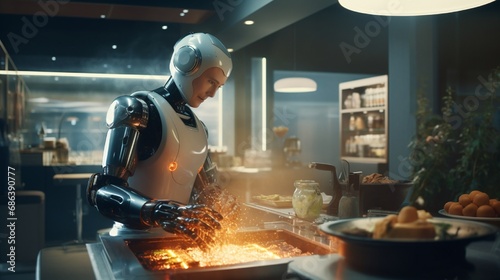 An advanced robotic chef in a smart kitchen, expertly preparing a gourmet meal with precision.