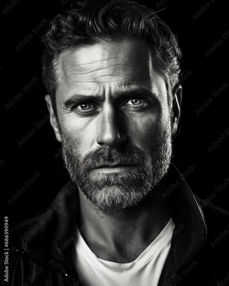 Intense black and white actor's headshot, piercing eyes, stubbled chin, dramatic side lighting Intense black and white actor's headshot, piercing eyes, stubbled chin, dramatic side lighting