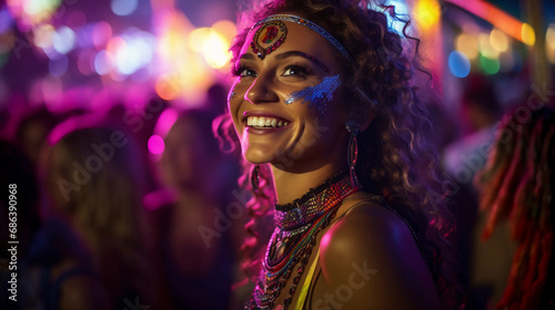 Joyful portrait of a festival-goer adorned with colorful beads and face gems, glowing under UV light