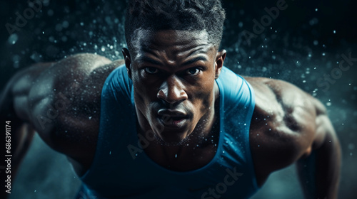 athlete, monochromatic cyan tones, mid-action, intense focus