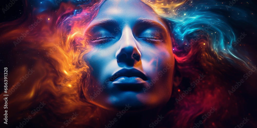 Surreal abstract portrait, human face merging with cosmic nebulae, vibrant interstellar colors, eyes like galaxies