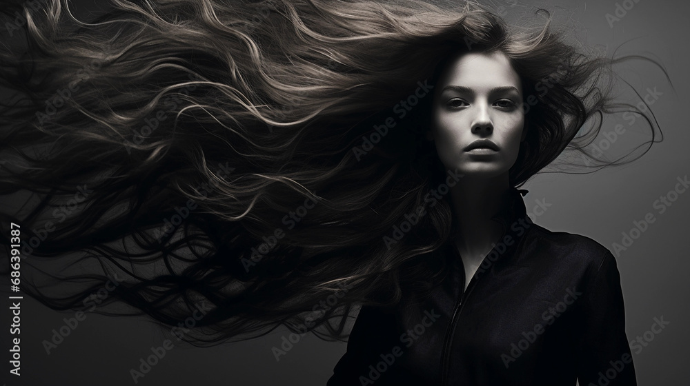 Surreal black and white portrait, girl with wind-blown hair, expressive eyes Surreal black and white portrait, girl with wind-blown hair, expressive eyes