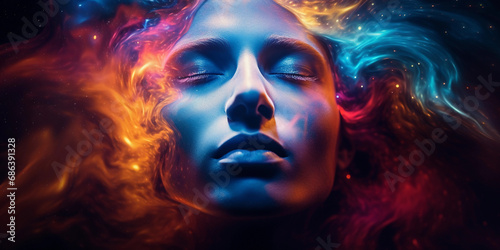 Surreal abstract portrait  human face merging with cosmic nebulae  vibrant interstellar colors  eyes like galaxies