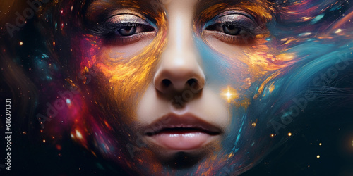 Surreal abstract portrait, human face merging with cosmic nebulae, vibrant interstellar colors, eyes like galaxies