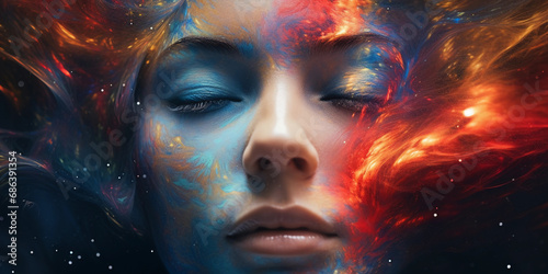 Surreal abstract portrait, human face merging with cosmic nebulae, vibrant interstellar colors, eyes like galaxies