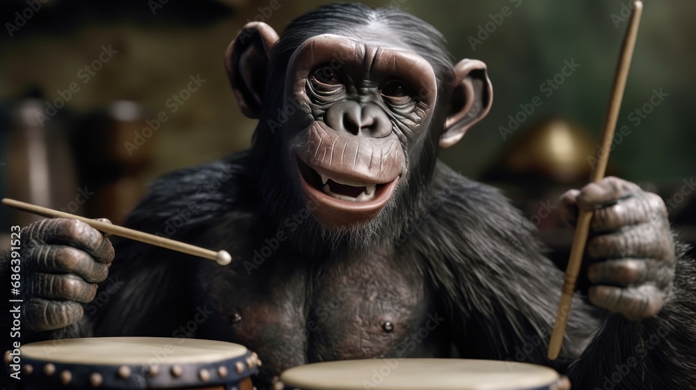 Chimpanzee monkey playing drums and drumsticks on dark background. Chimp. Chimpanzee. Evolution Concept