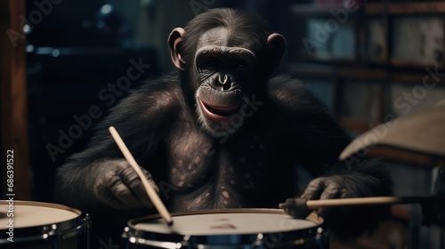 Chimpanzee playing drums in a music studio. Close up. Chimp. Chimpanzee. Evolution Concept
