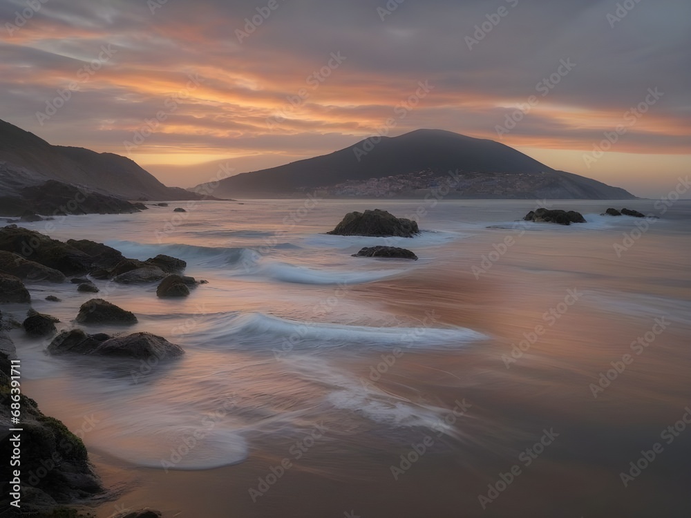 Sunset behind mountain and sea in nature- IA generativa