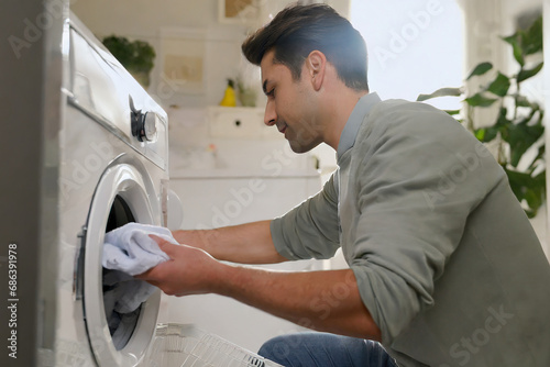 uomo che fa bucato lavatrice casa  photo